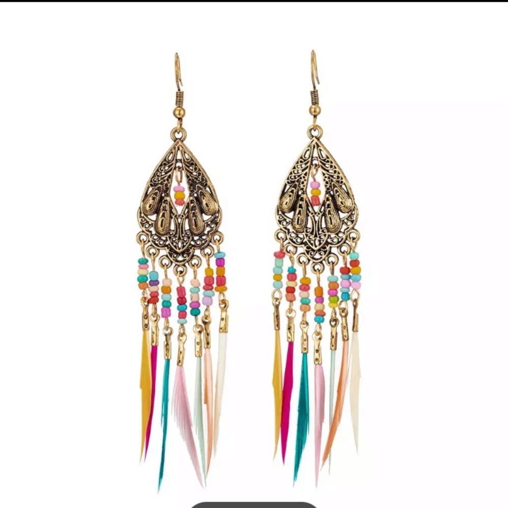 Earrings Bohemian Feather Long Dangle Indian - Picture 2 of 6
